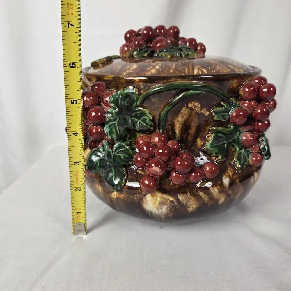 Vintage Austrian Majolica Biscuit Cookie Jar Ceramic 3D Grape Leaves Currants